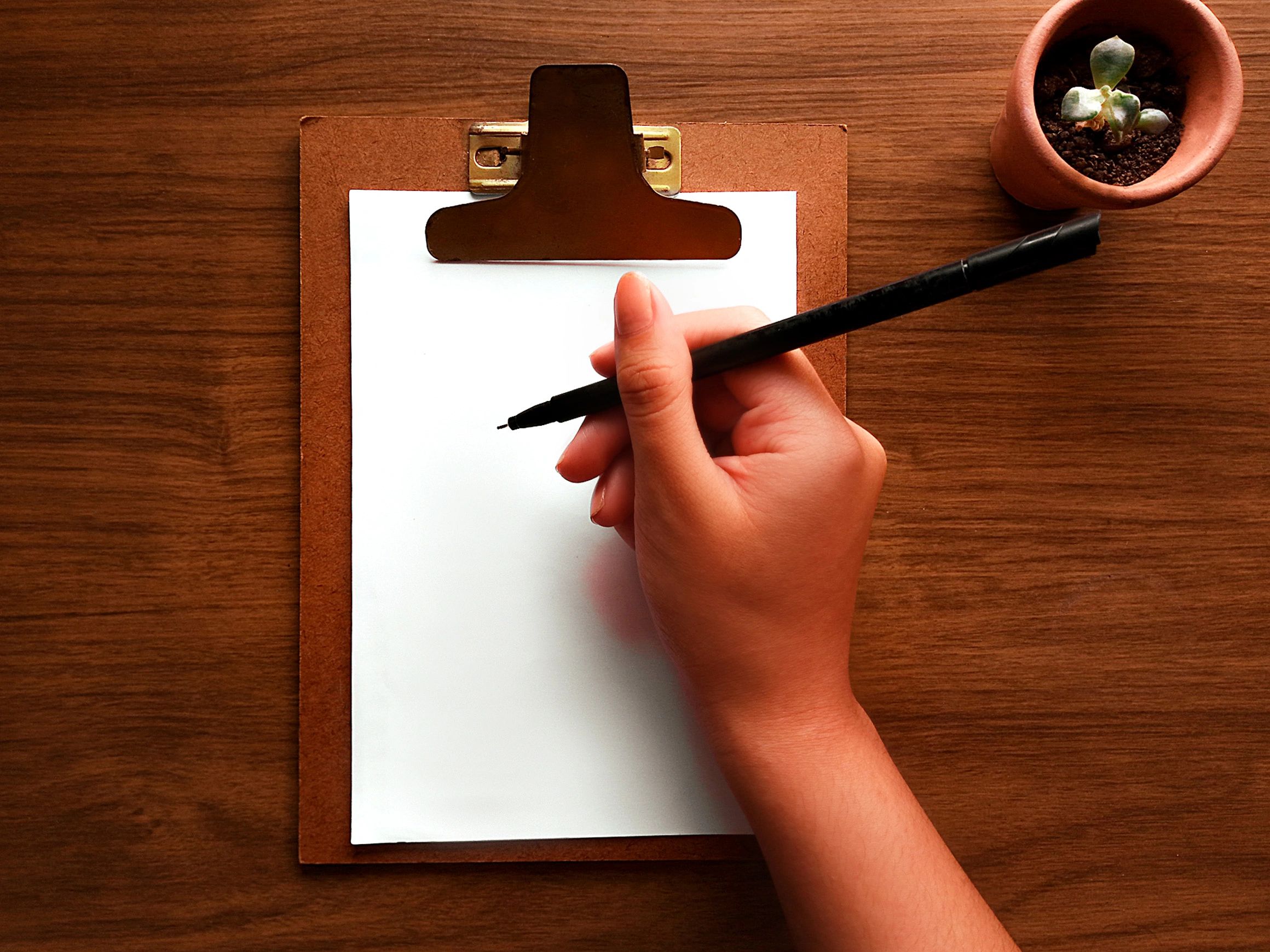 Writing desk with clipboard, pen, and plant