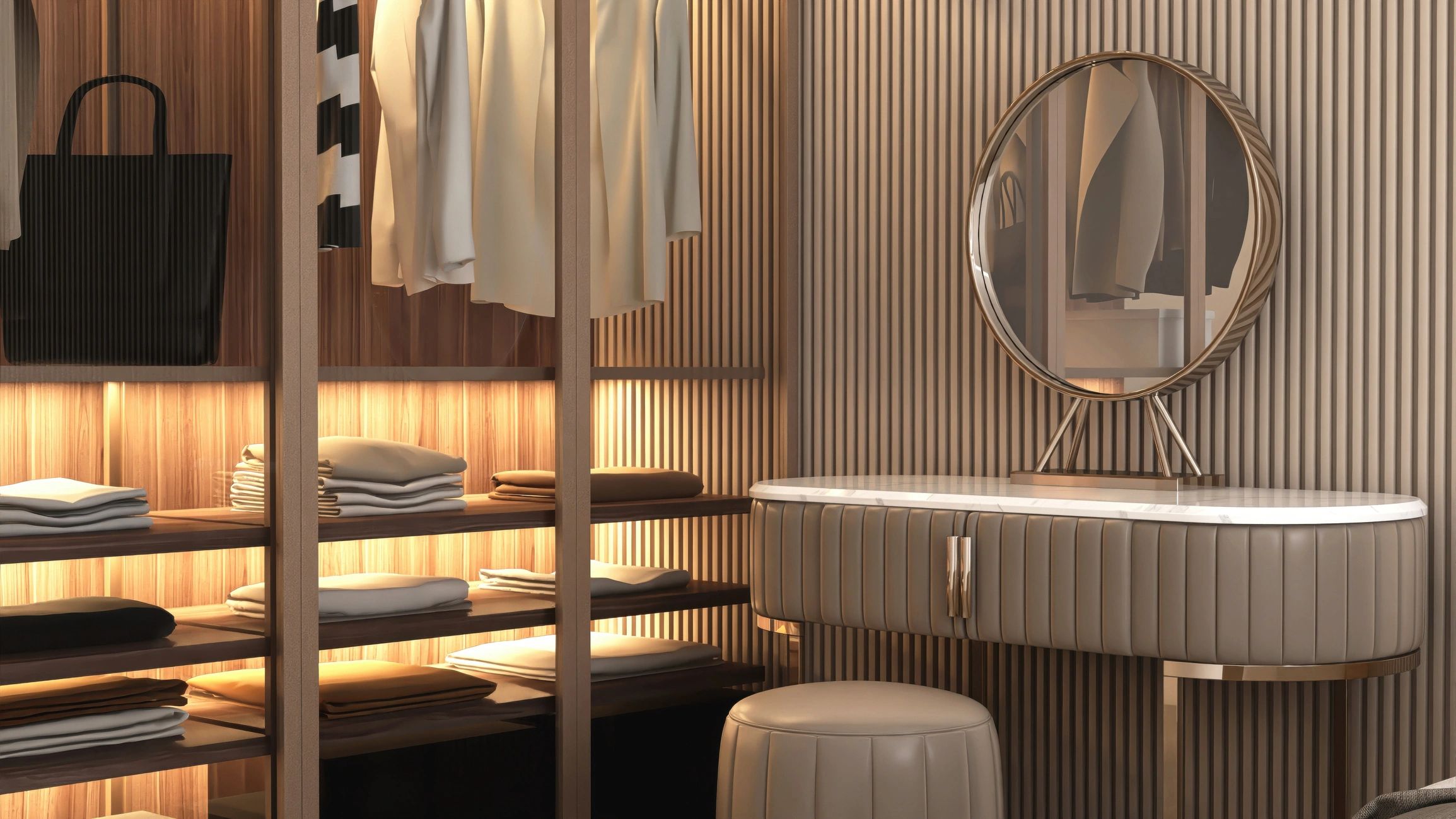 Neat wardrobe and vanity area with warm neutral styling