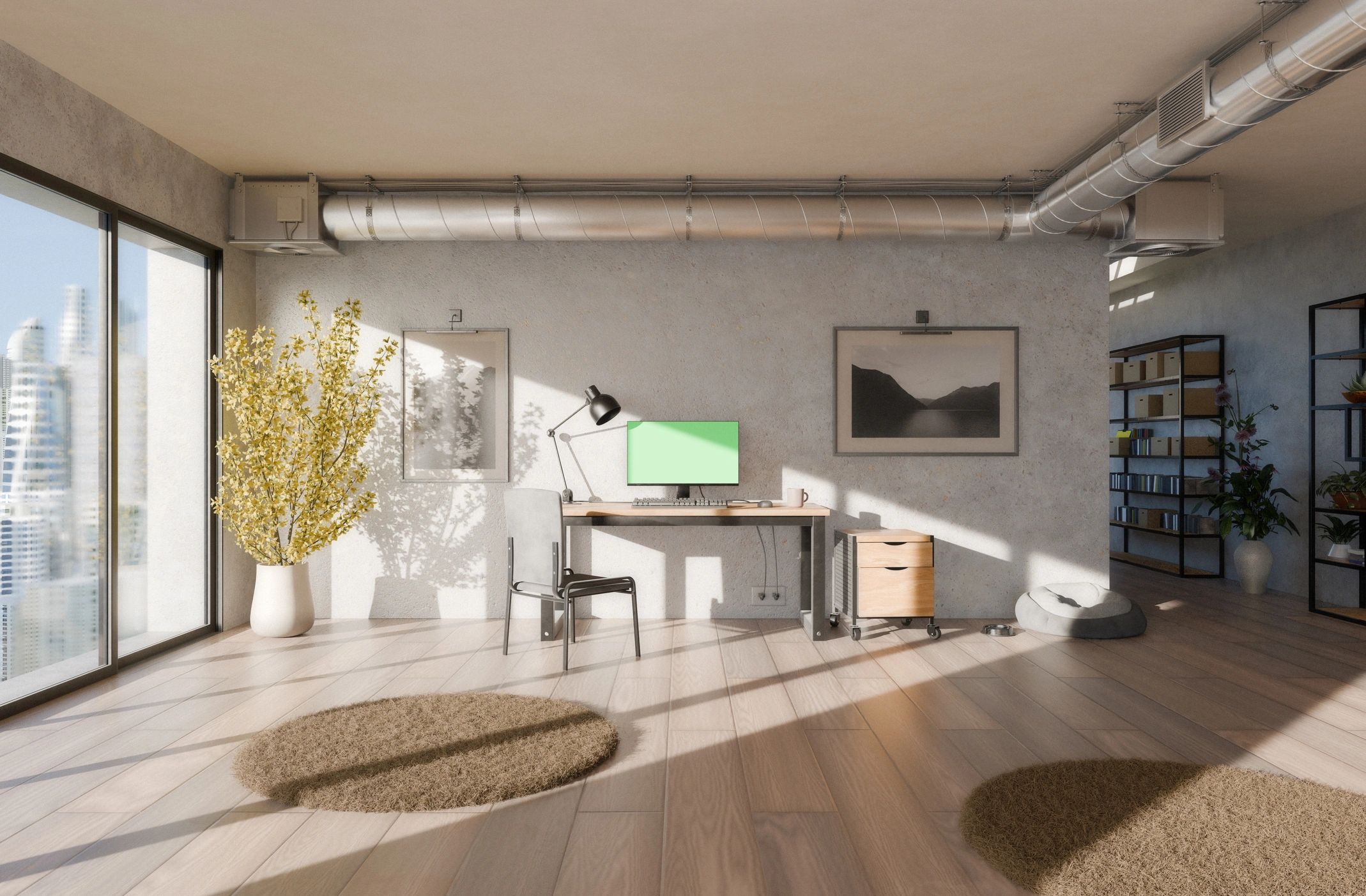Bright organized home office desk with natural light