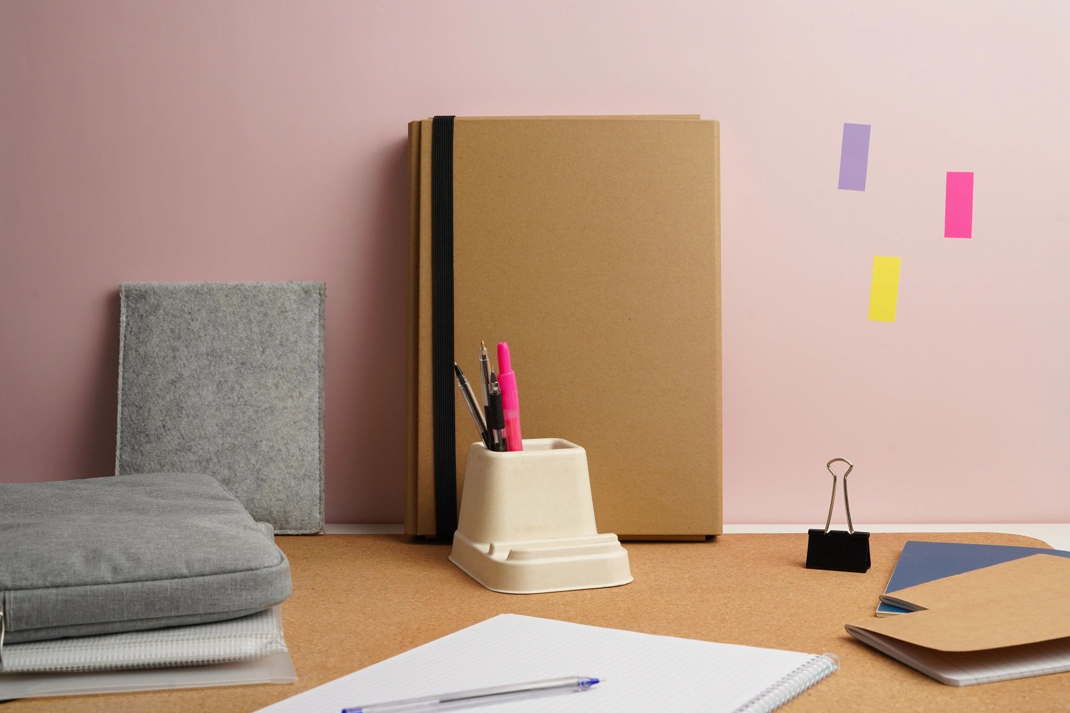 Minimal planner workspace with stationery